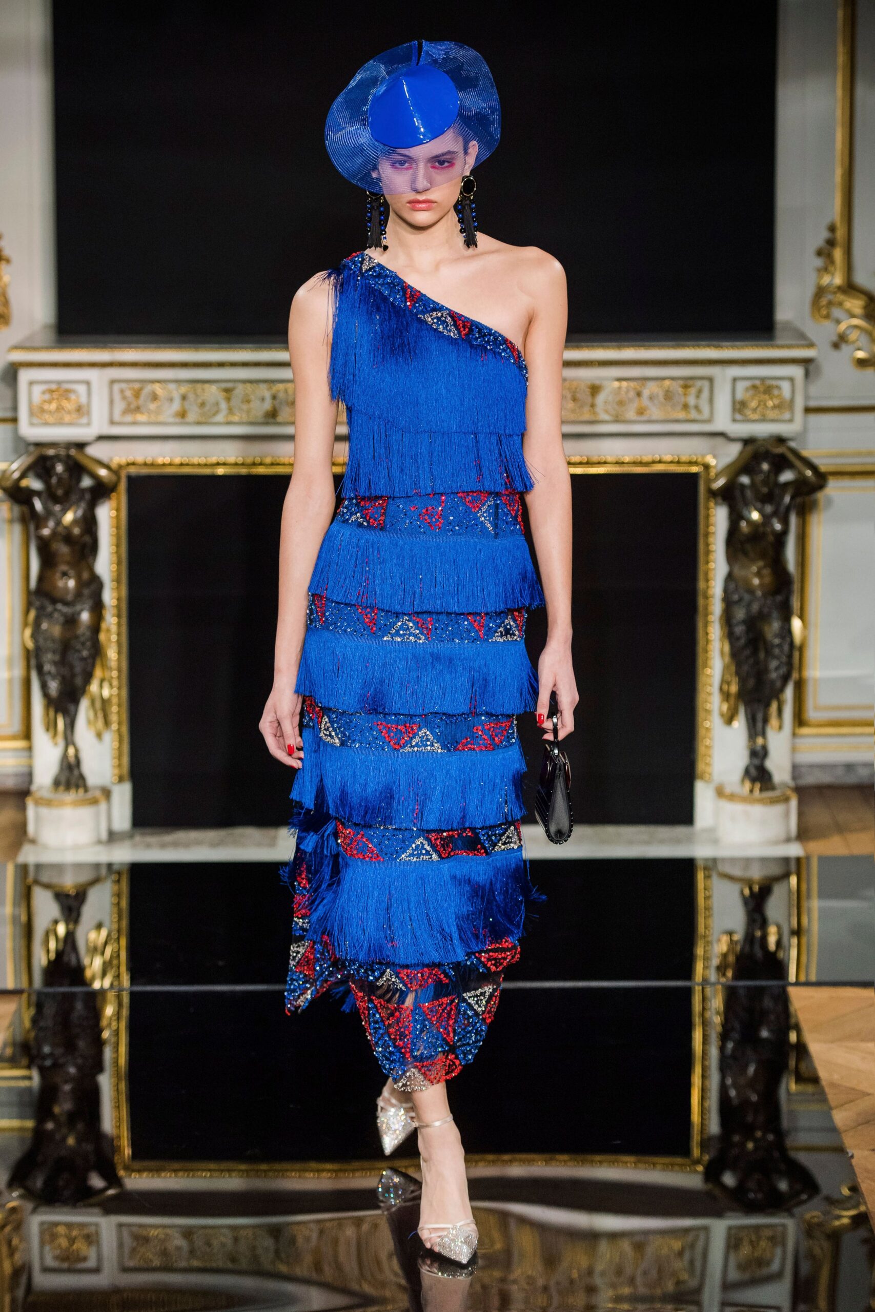 blue fringed midi dress with hat