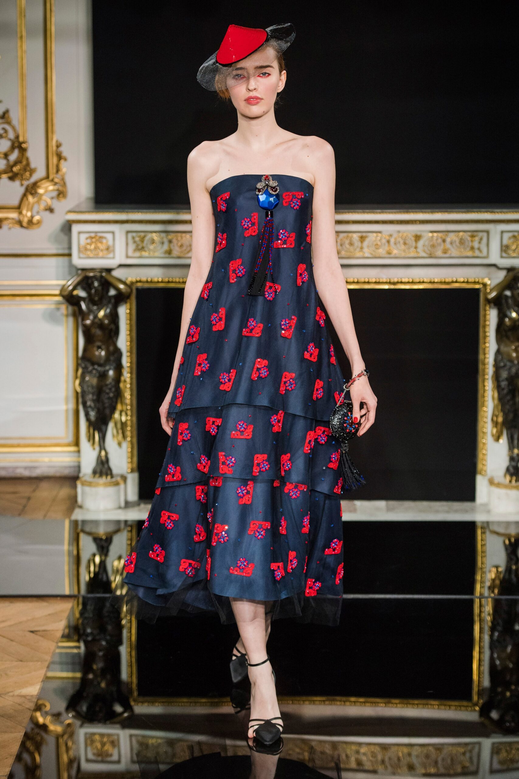 blue silk strapless fitted flared embroidered midi dress