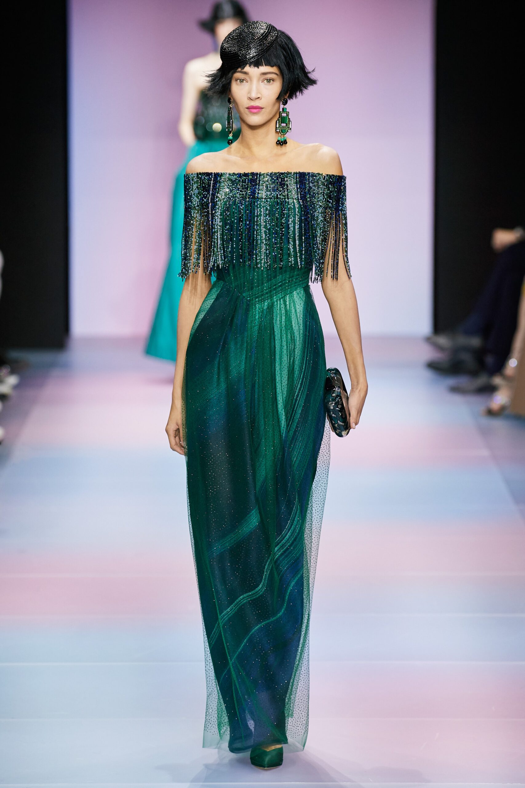 off-shoulder green blue gown