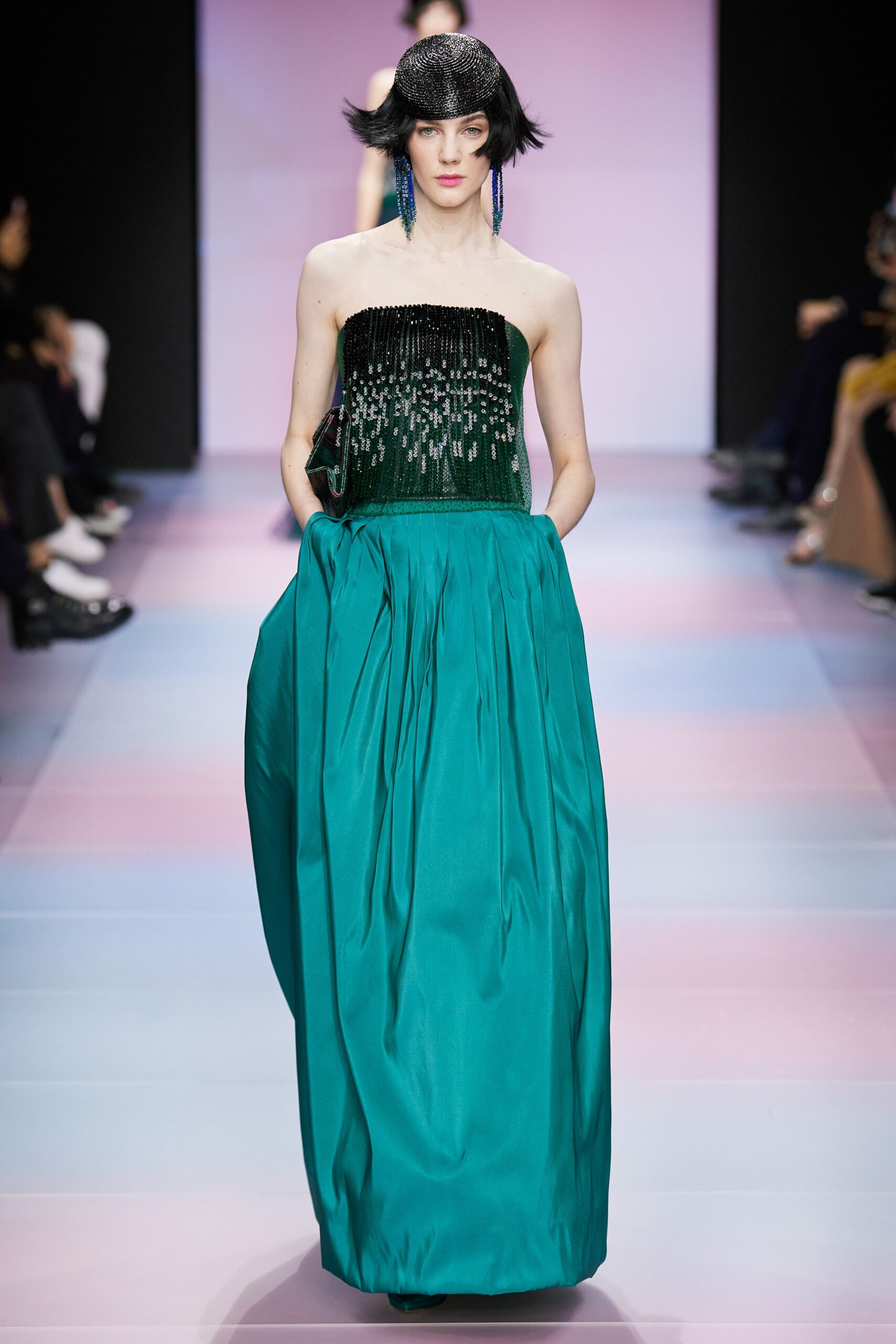 green silk strapless gown