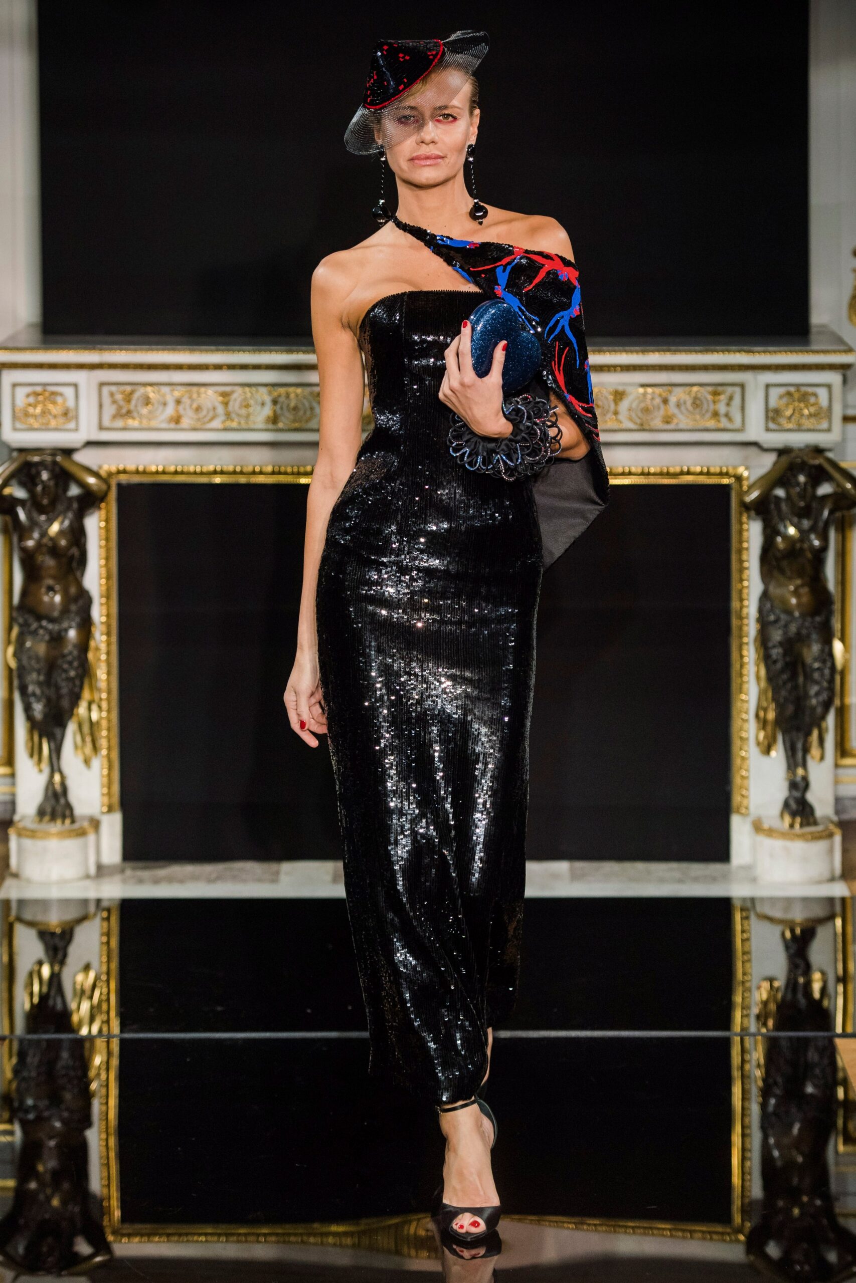 black sequin off-shoulder gown