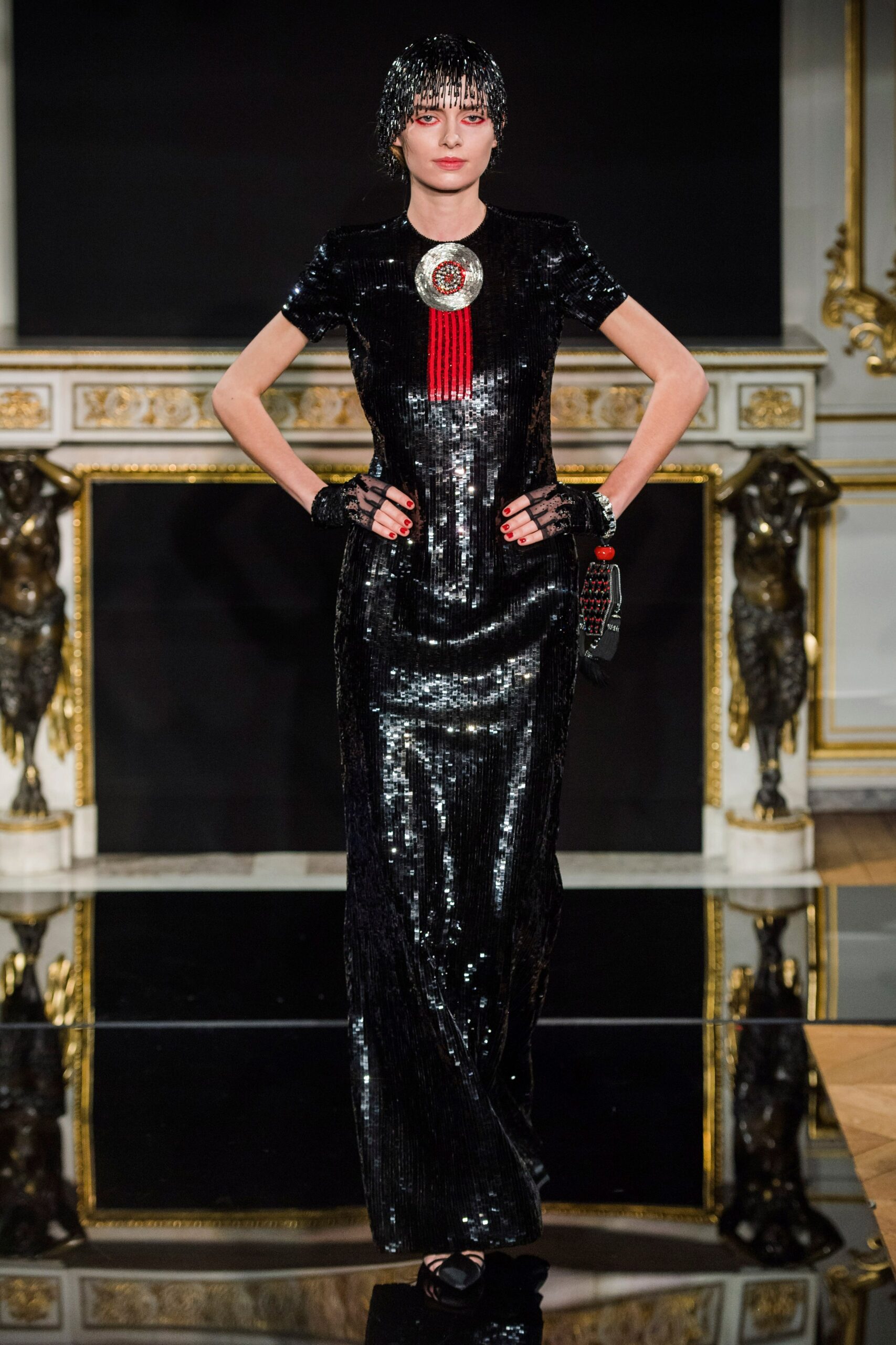 black sequin fitted gown