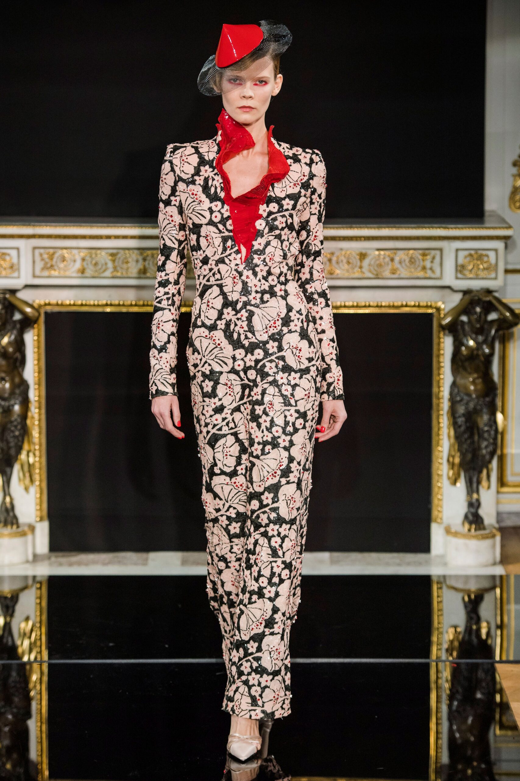 floral embroidered black gown with hat