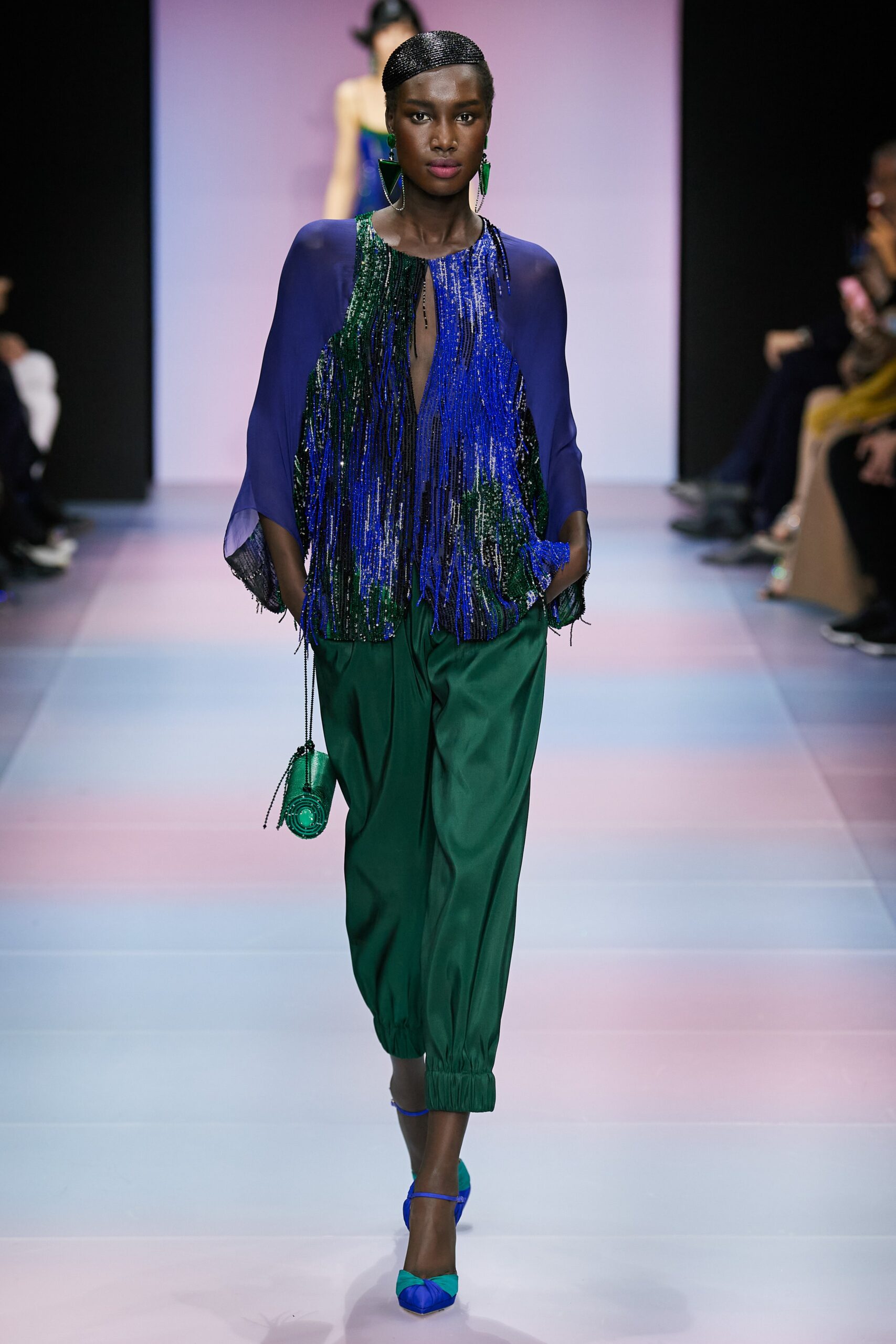 blue green fringed top with relaxed pants