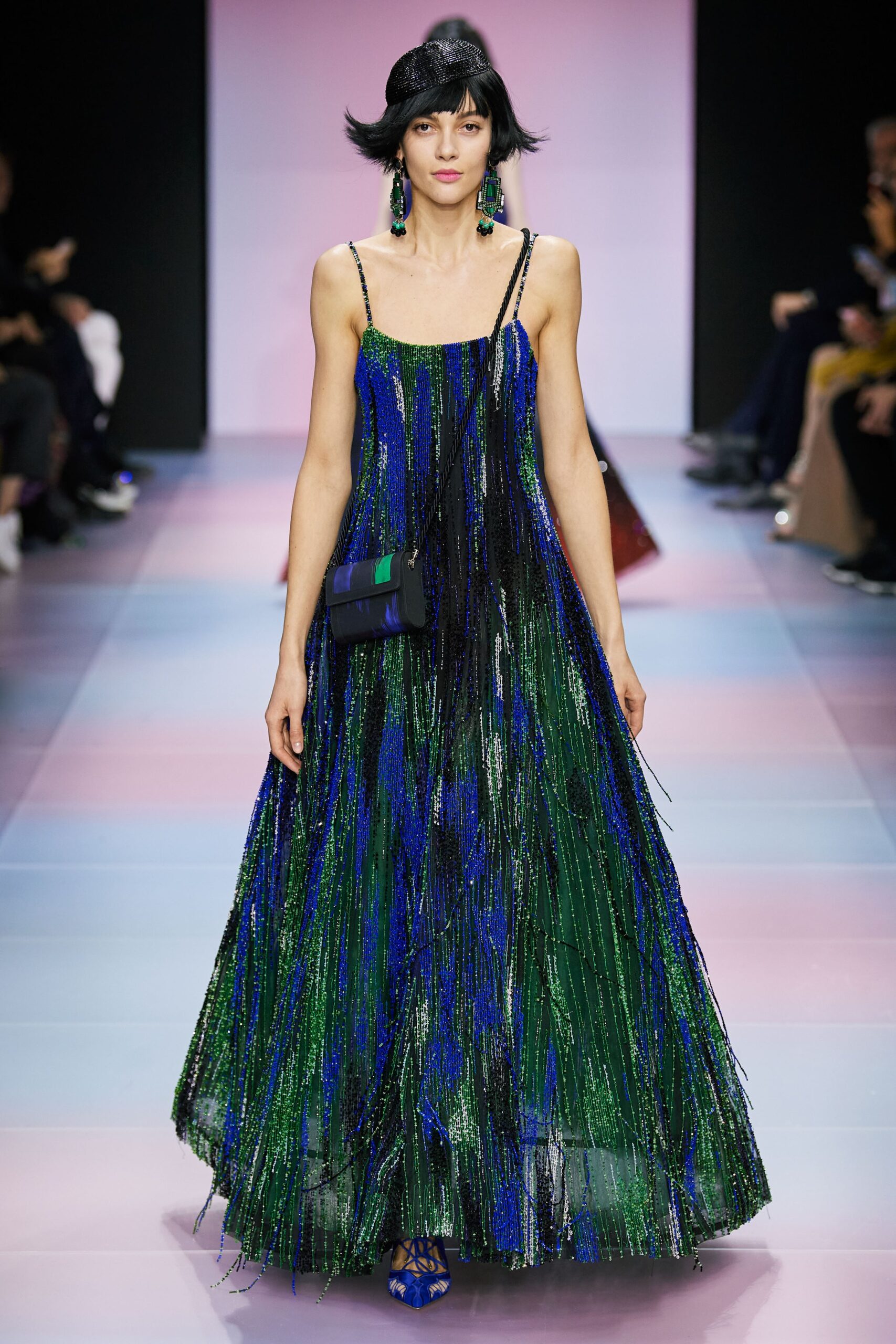 green and blue fringed gown