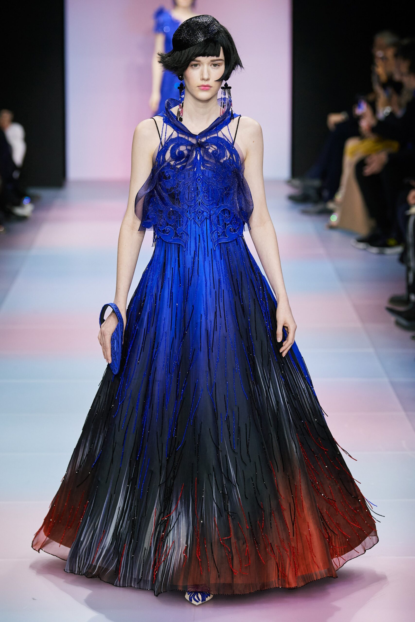 blue pleated embroidered gown