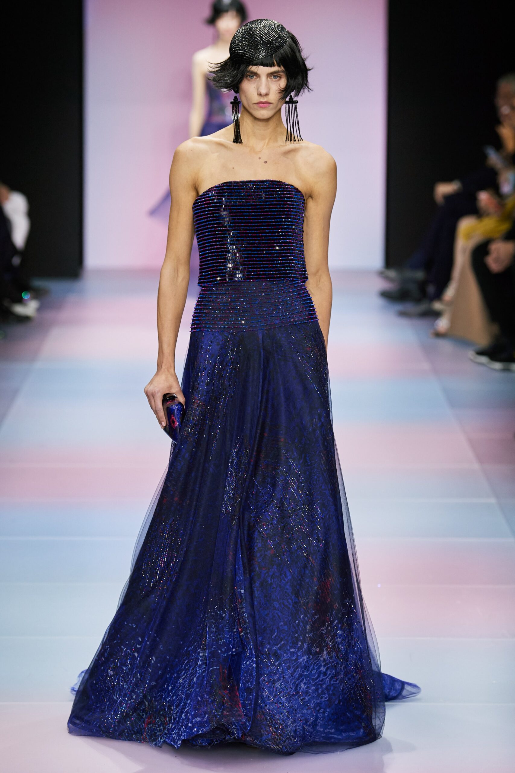 blue sequined strapless gown