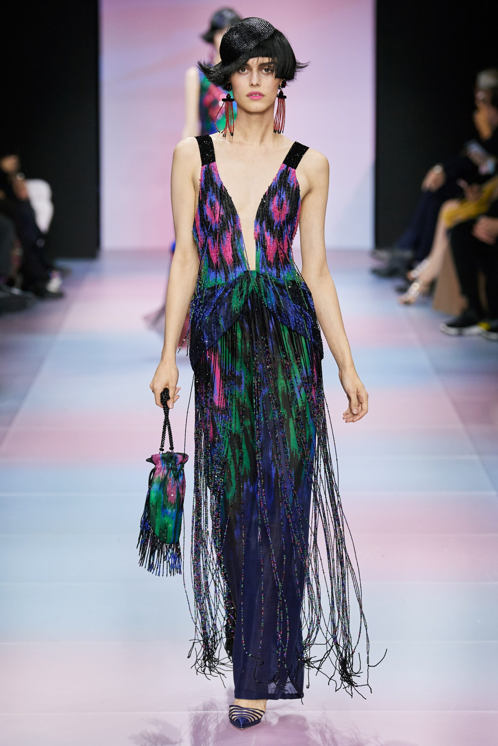 blue green purple fringed gown