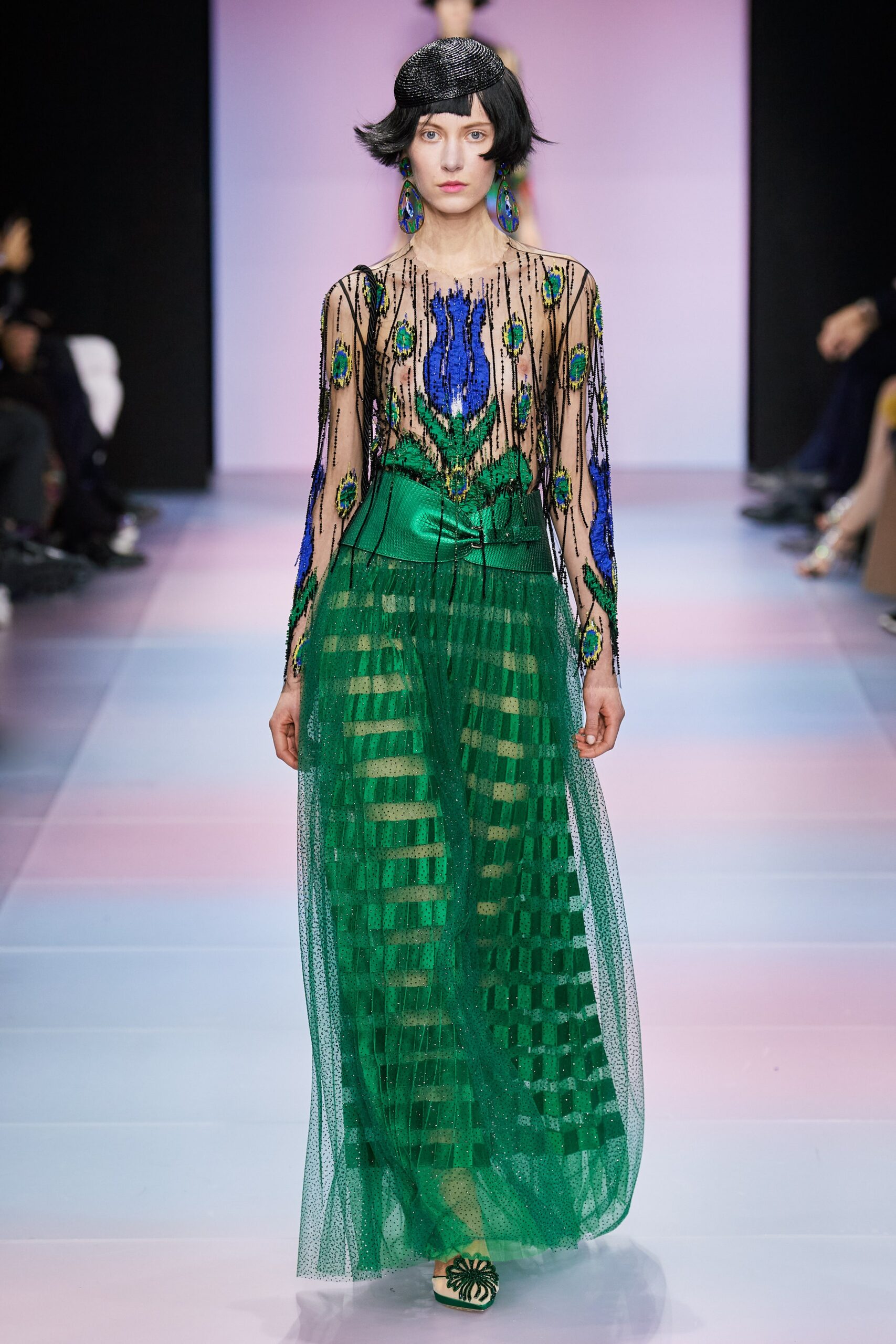 green embroidered sheer gown