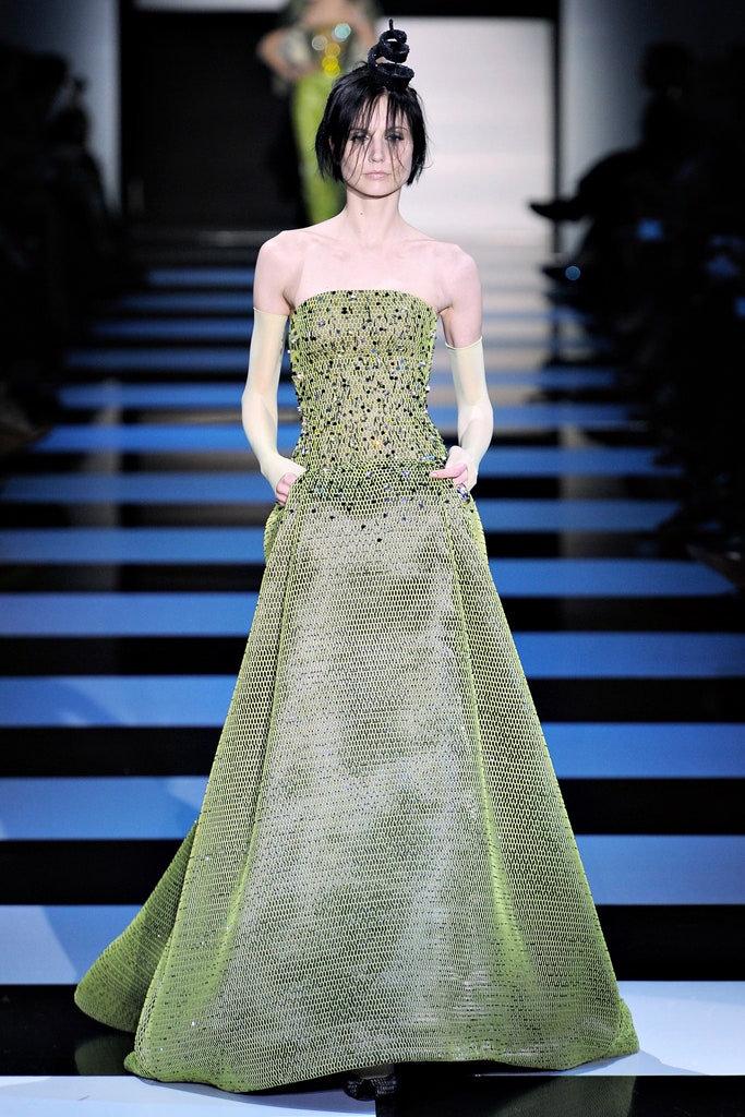 green strapless embellished gown