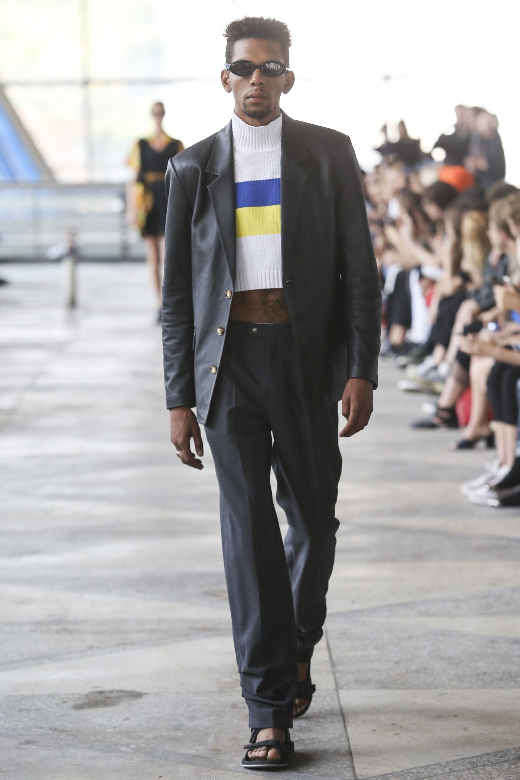 black leather blazer with color-blocked top