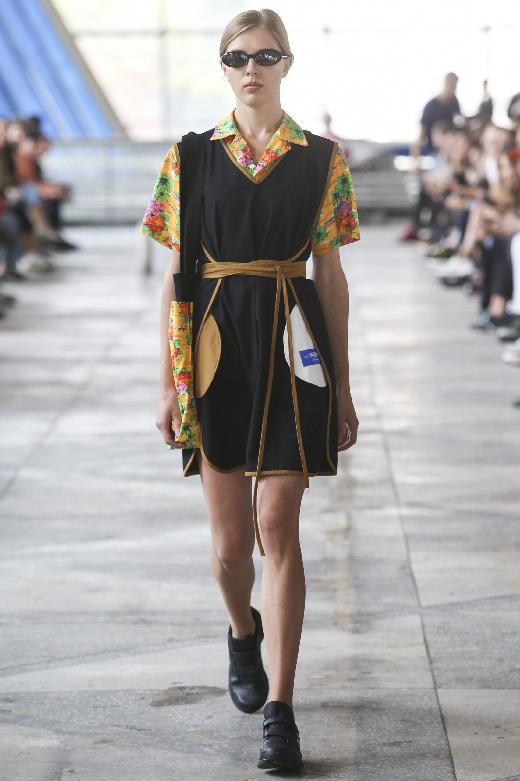 black multi-colored short-sleeve dress