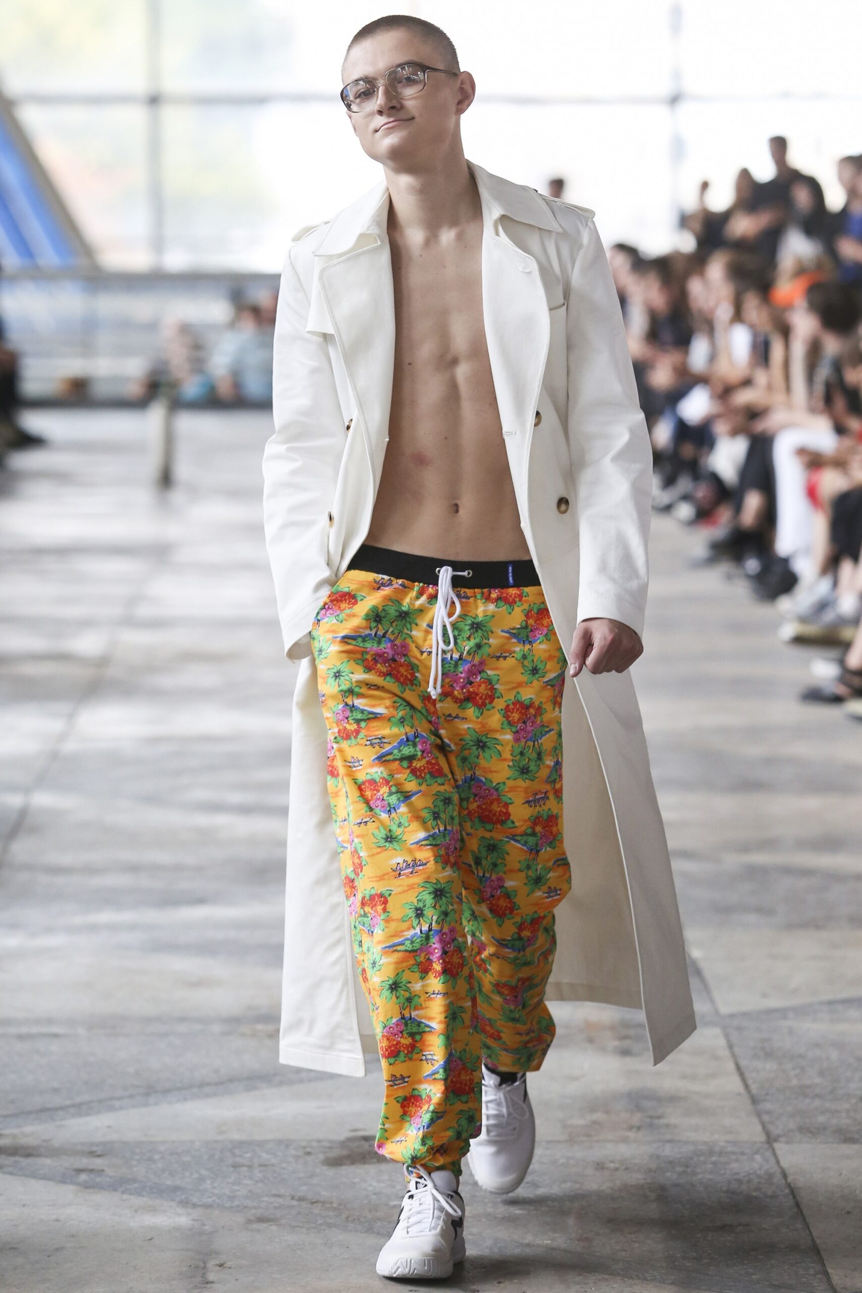white coat with floral pants