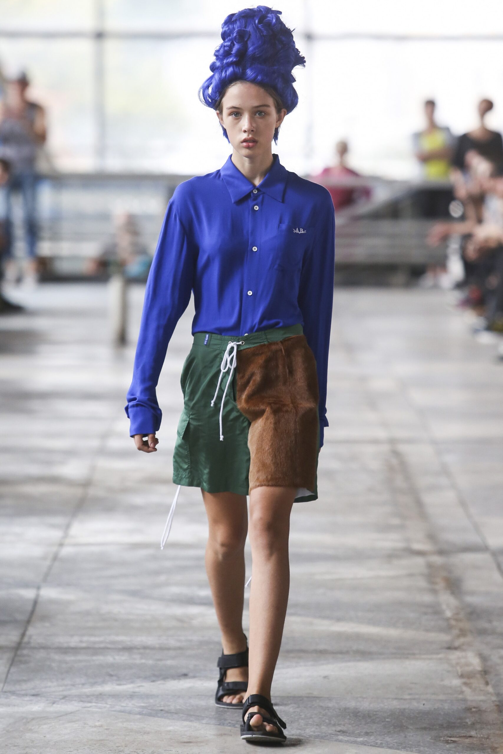 blue relaxed shirt with color-blocked skirt