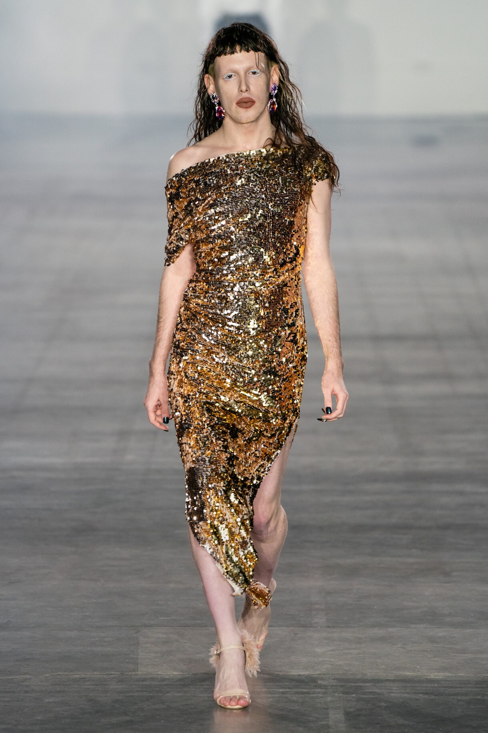 gold sequin one-shoulder dress