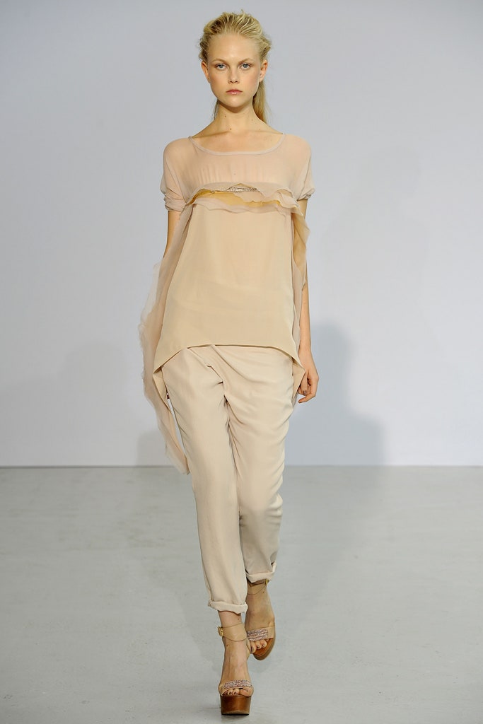 beige chiffon sleeveless high-neck relaxed draped sheer top
