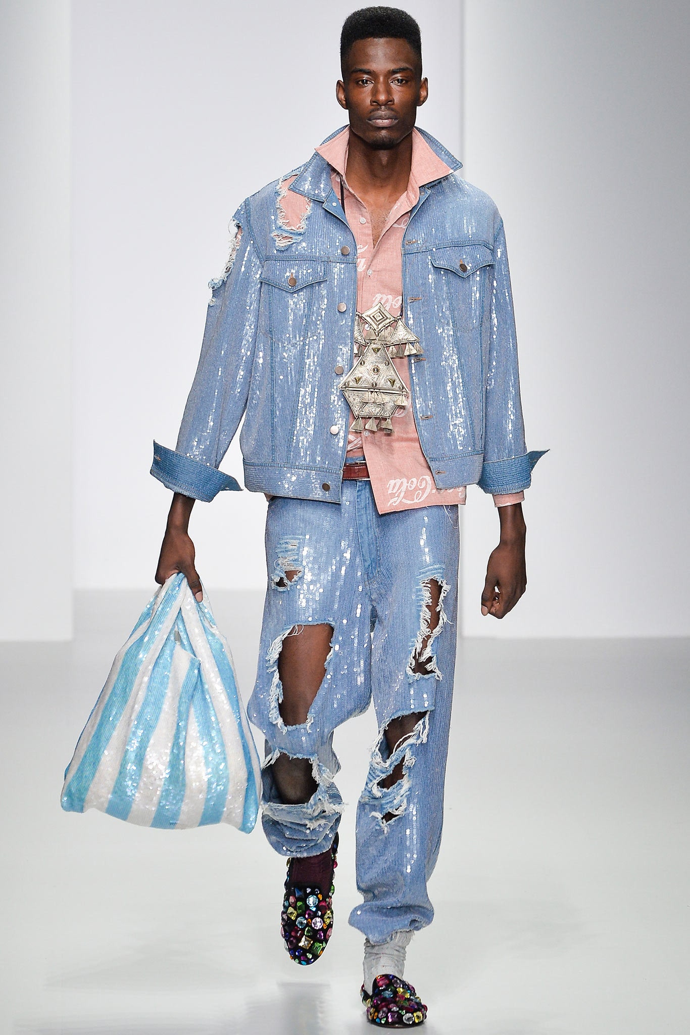relaxed denim jacket with distressed pants