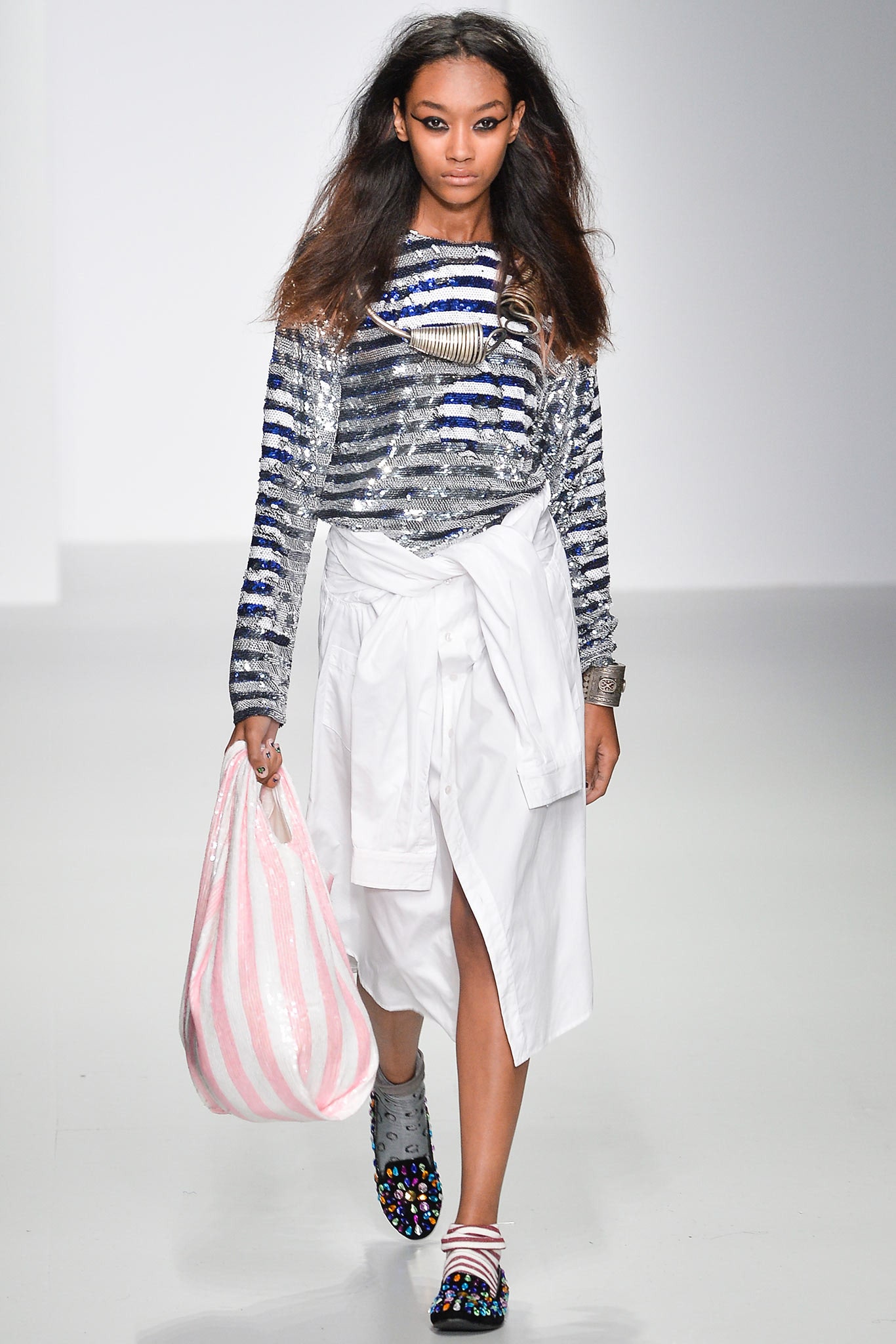 striped sequined top with midi skirt