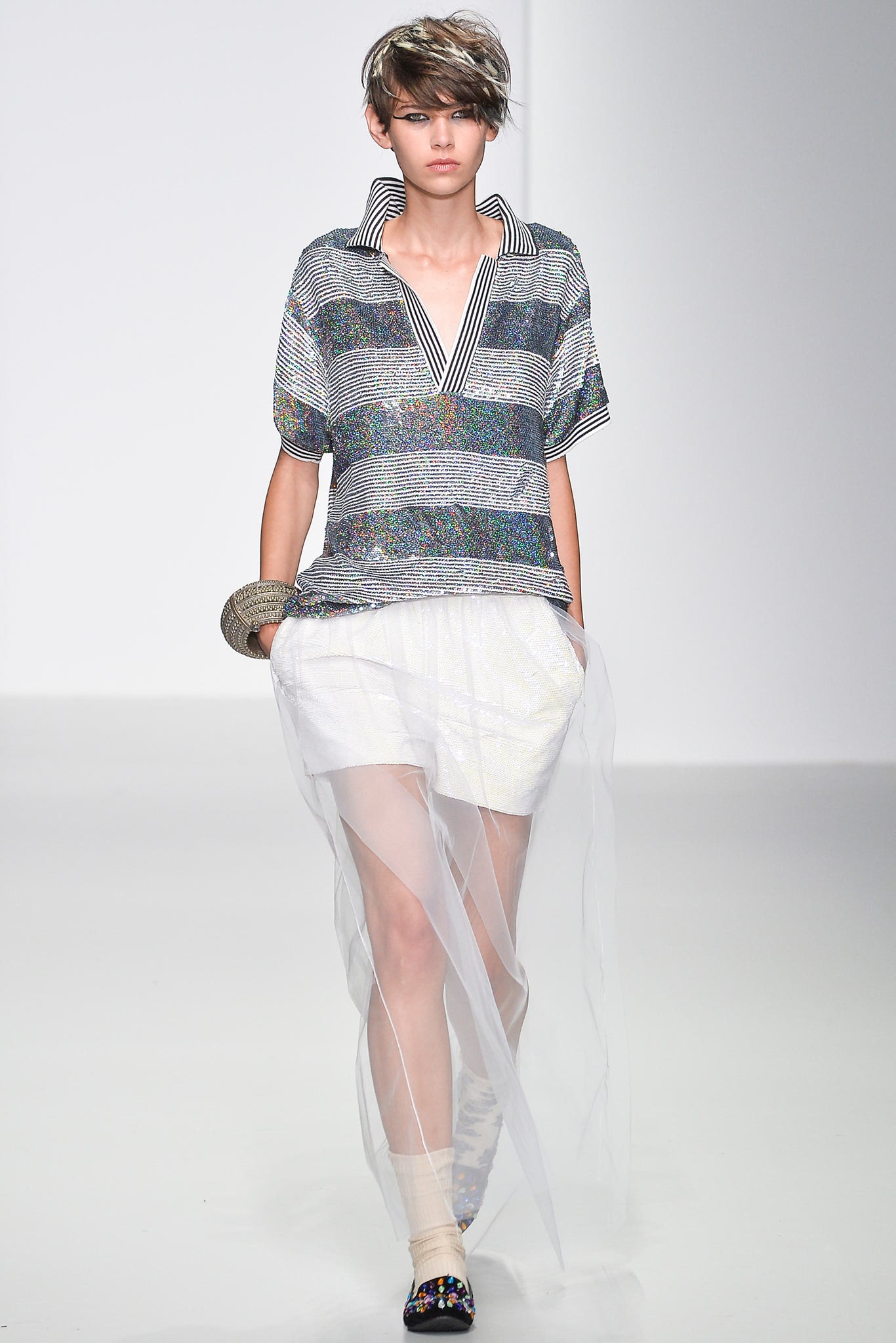 gray striped relaxed top with white skirt