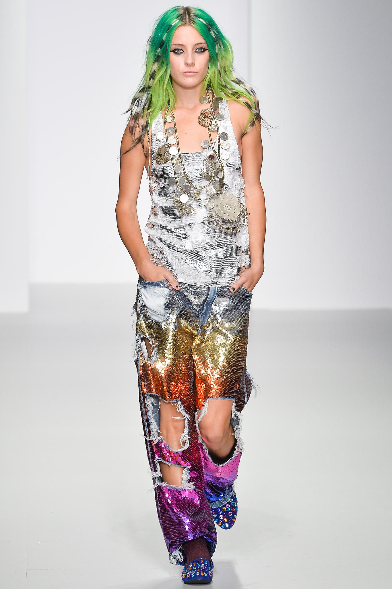 shiny silver sequin tank-top and multi sequin pants