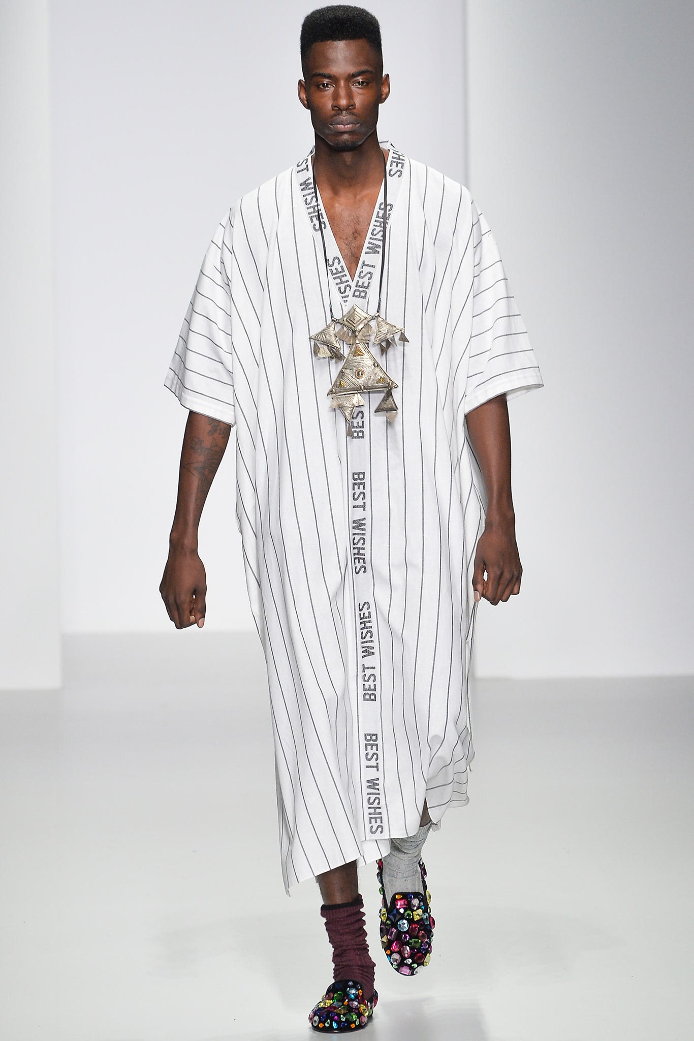 striped midi dress with embellished shoes