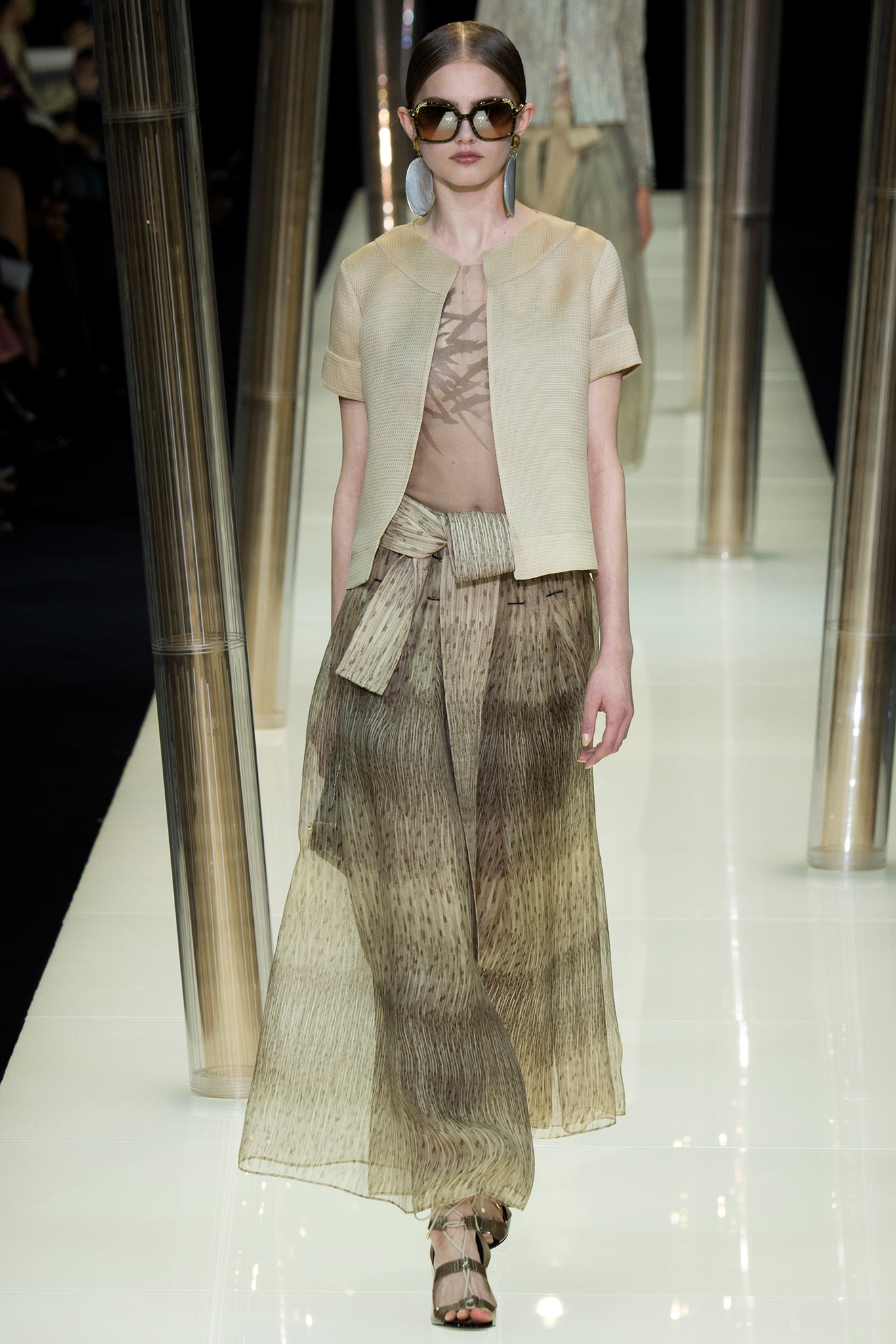 beige silk short-sleeve collared fitted layered jacket