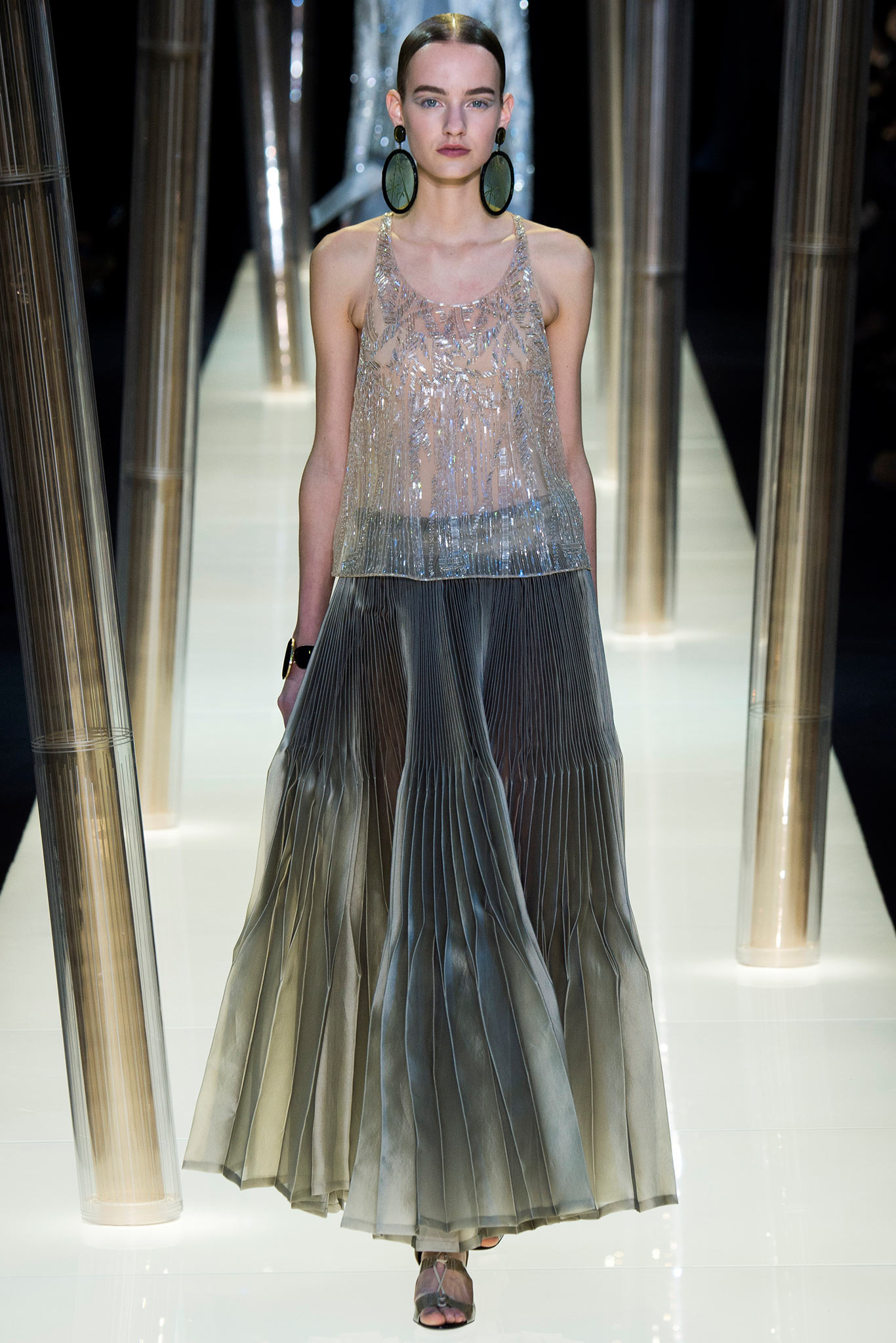gray silk sleeveless pleated dress