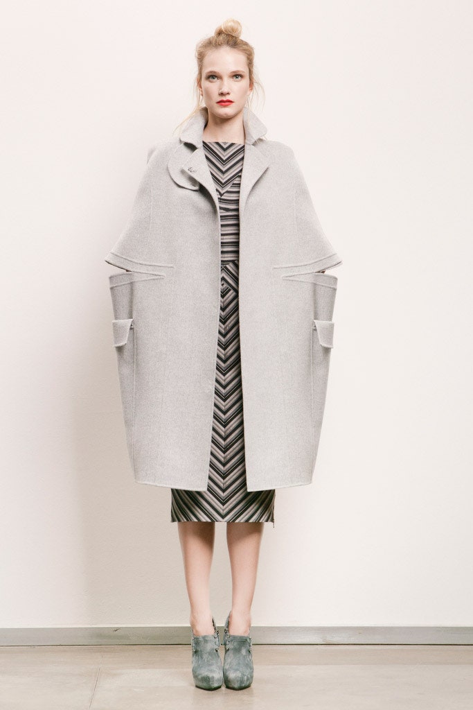 gray wool coat and striped dress