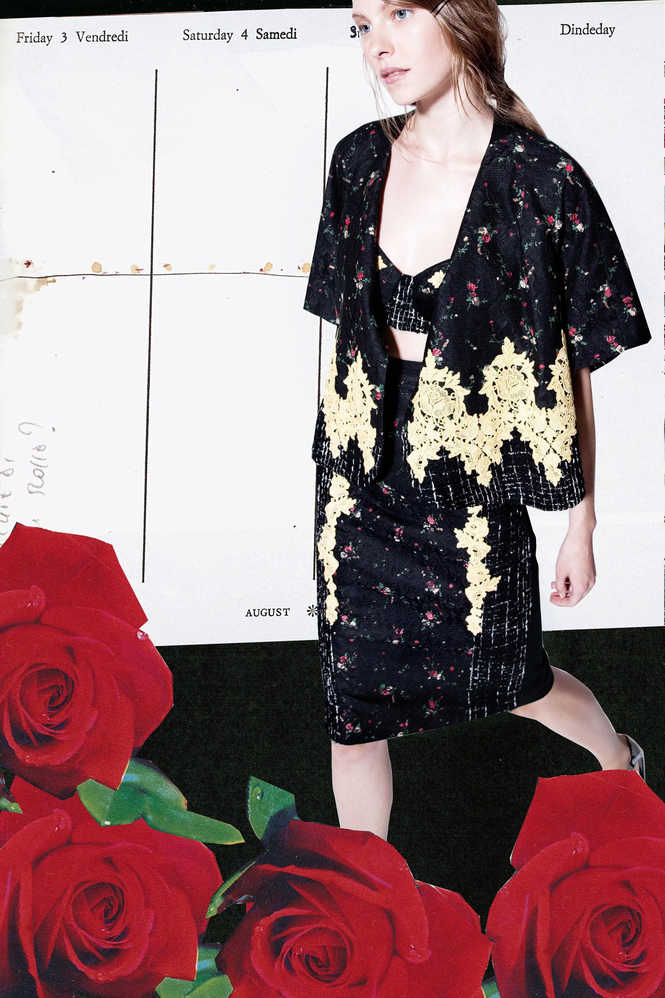 black embroidered top and pencil skirt