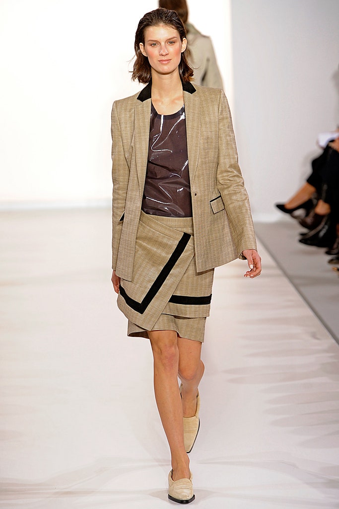 beige tailored blazer with asymmetric skirt