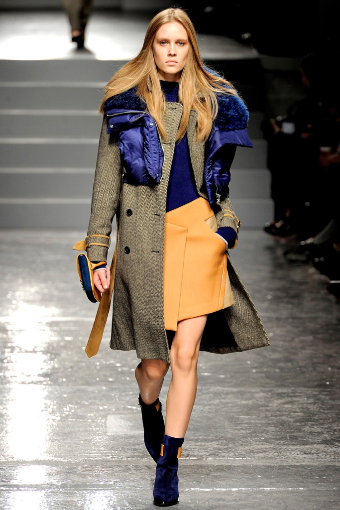 gray wool coat with blue top