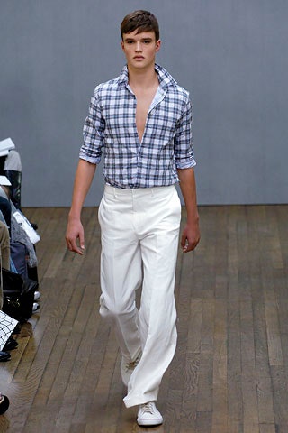 blue and white checked shirt with white pants
