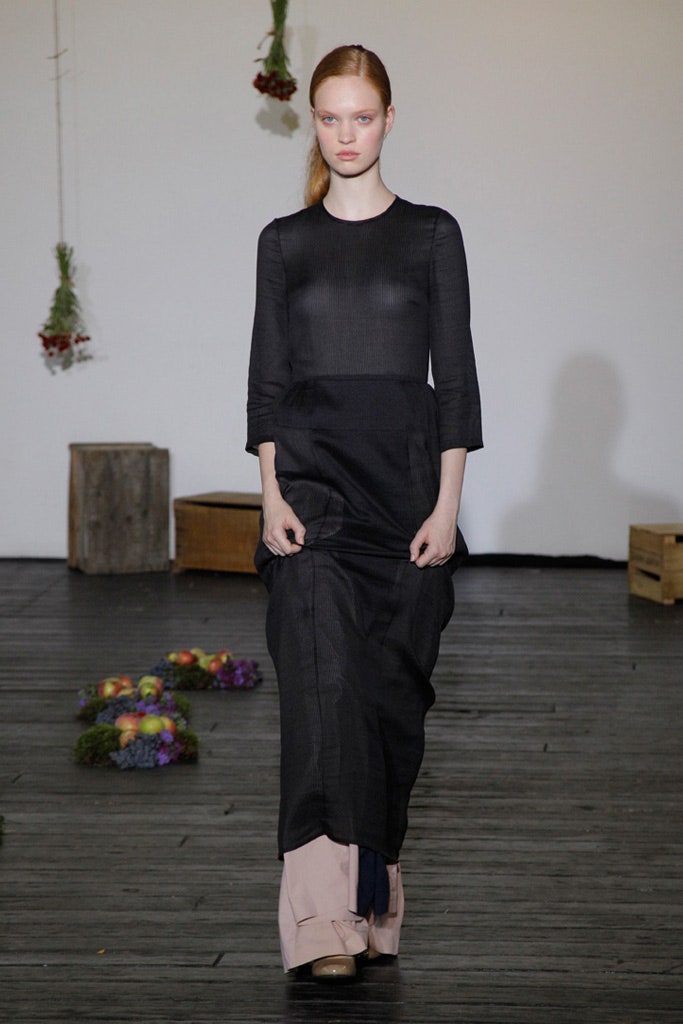 black midi dress with beige pants