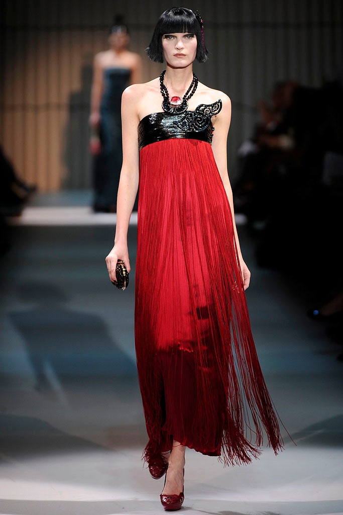 fitted red silk fringed dress
