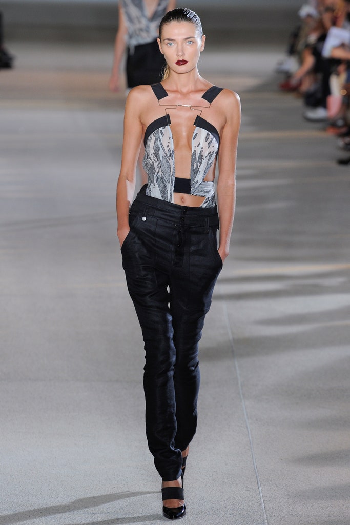 black and white printed bodysuit with slim pants