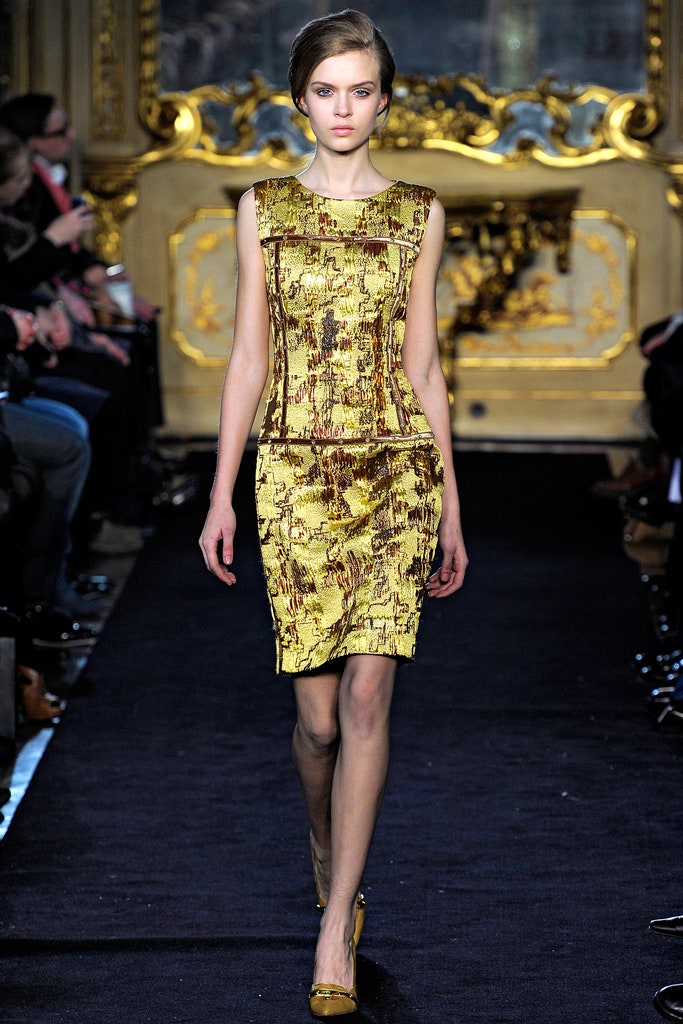 fitted gold silk dress