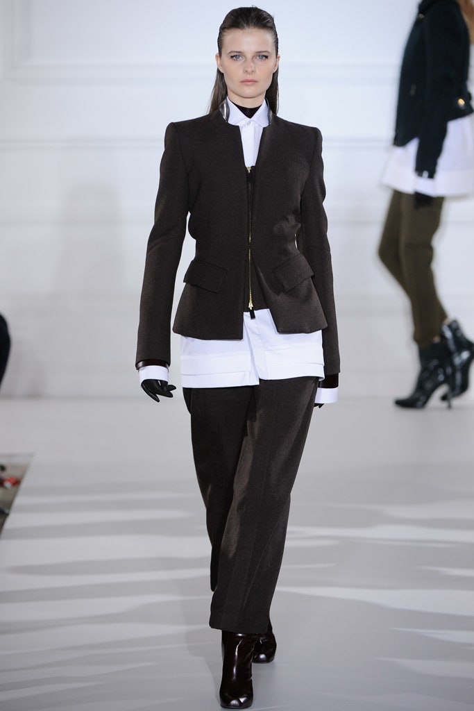 brown wool long-sleeve collared tailored zippered blazer