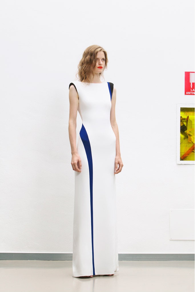 white and blue color-blocked gown