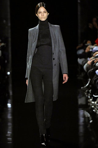 gray tailored coat with black top