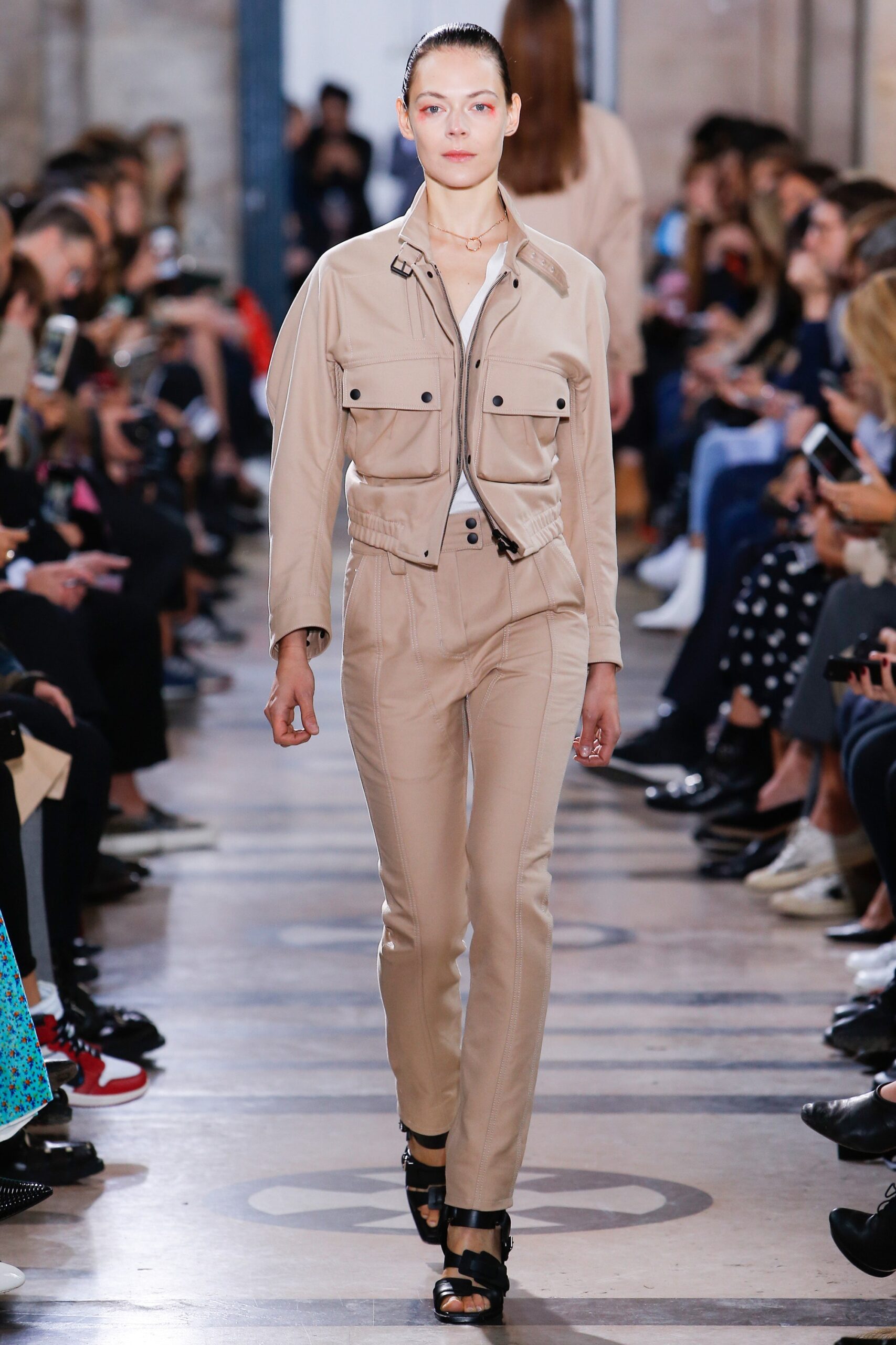 beige fitted jacket and pants