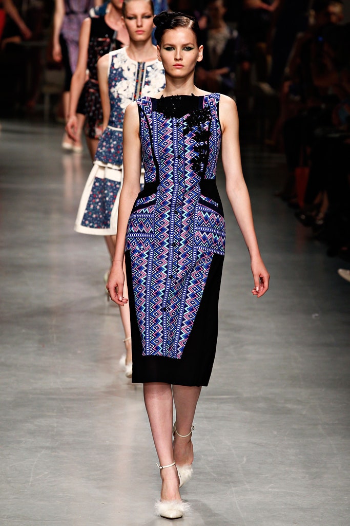 fitted black and blue printed dress