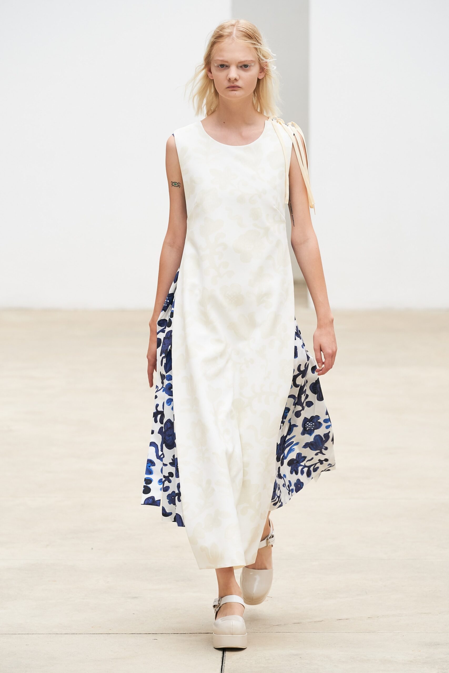 white and blue flared midi dress