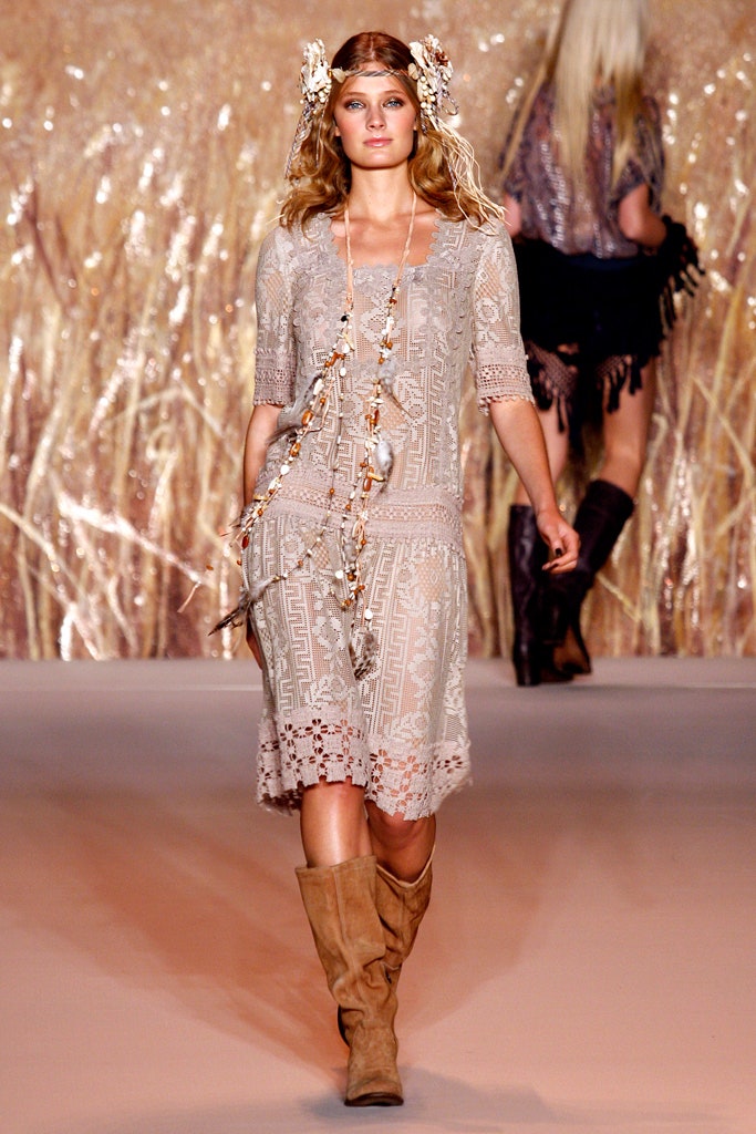 beige lace midi dress with brown boots