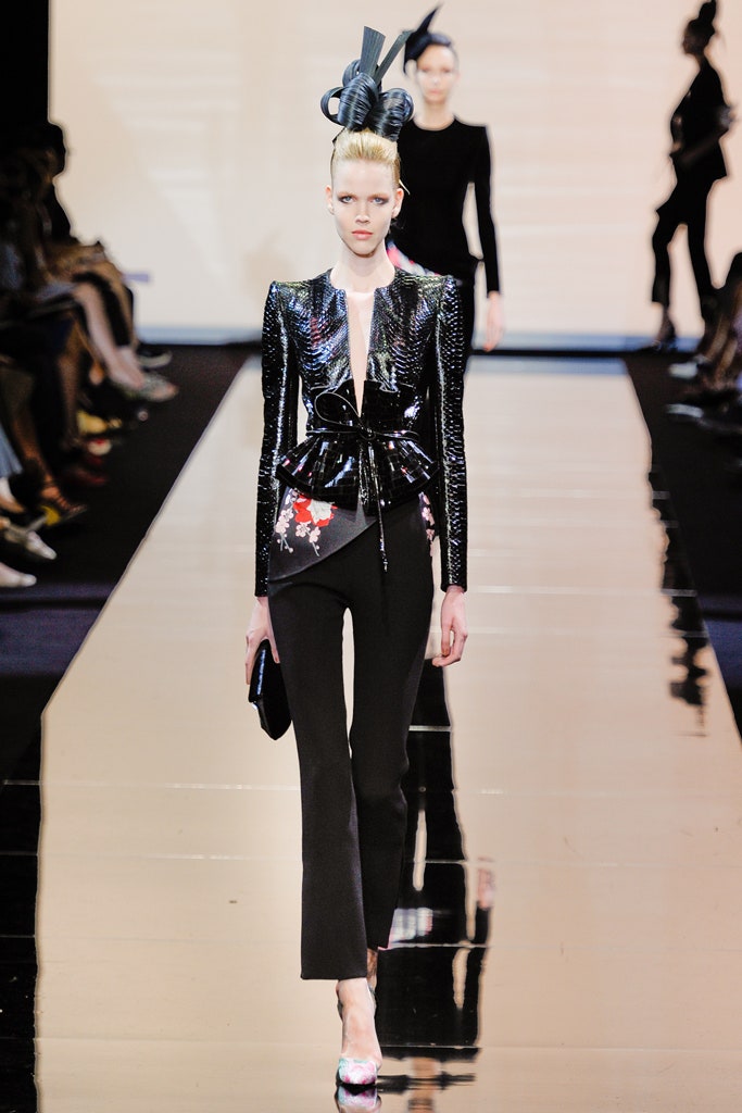 fitted black vinyl jacket with tailored pants