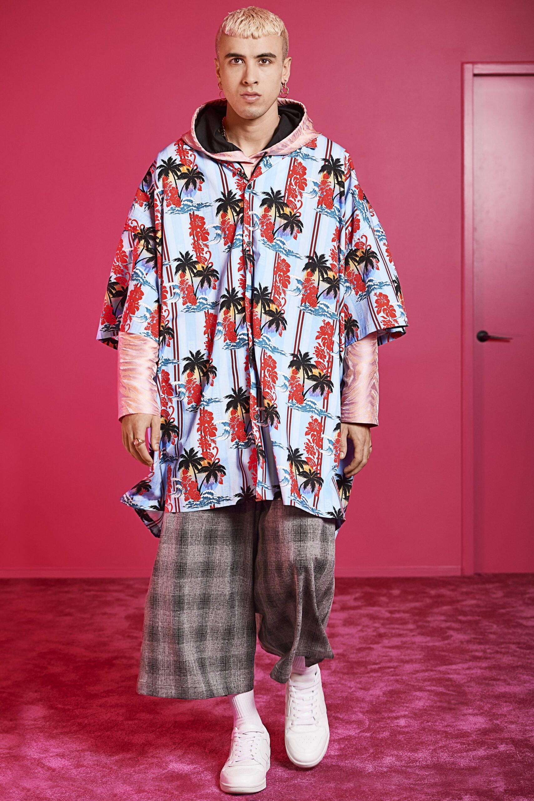 colorful printed poncho with wide-leg pants