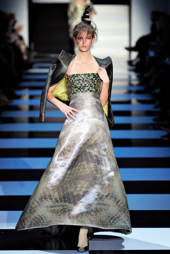 gray silk strapless gown with black jacket