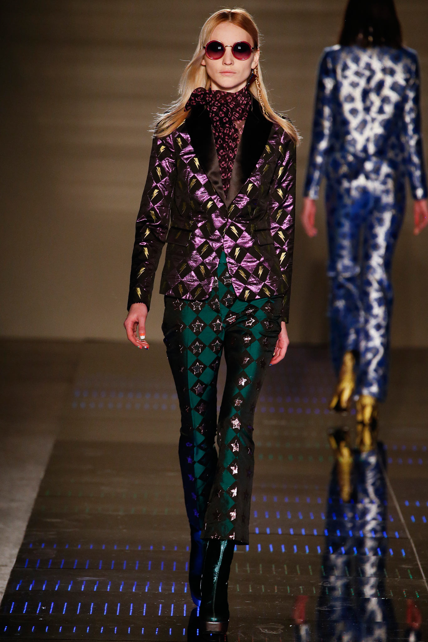 tailored silk blazer and flared pants