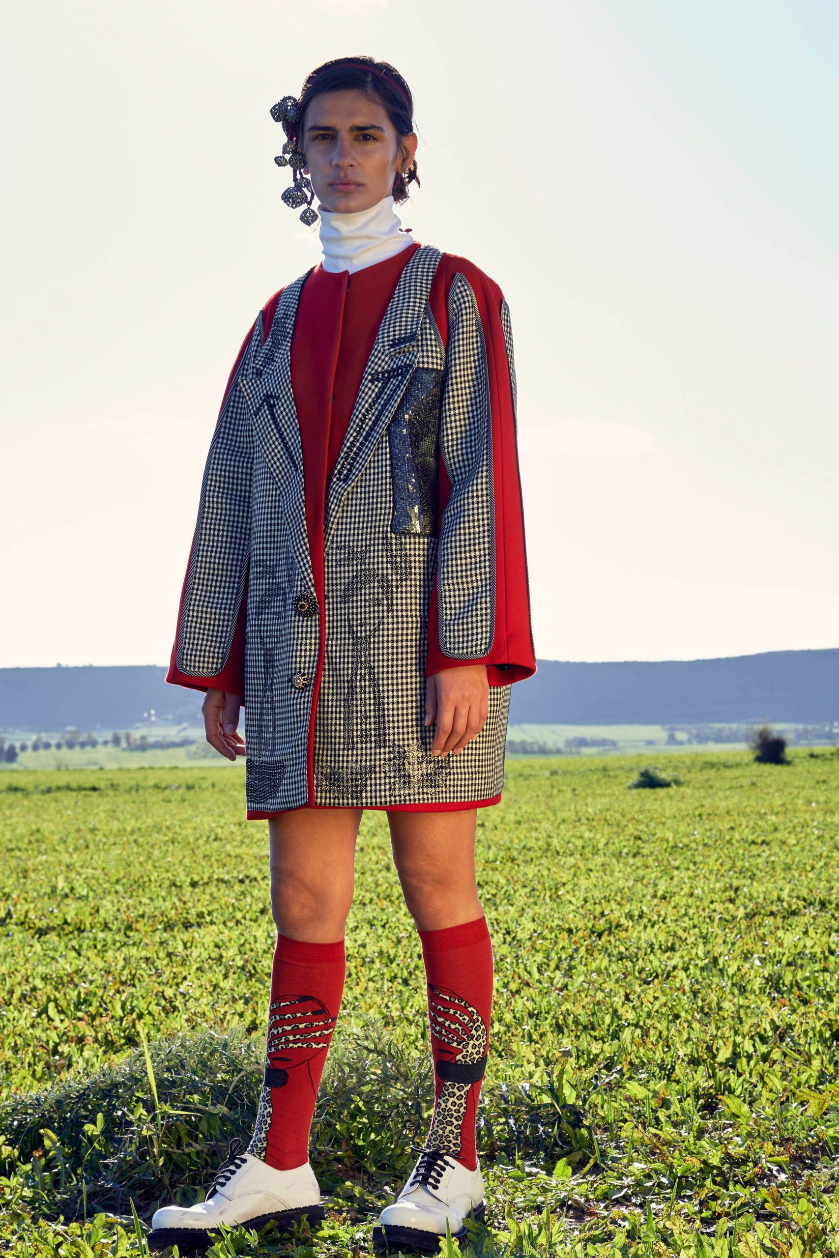 black cotton long-sleeve collared relaxed checked zippered coat
