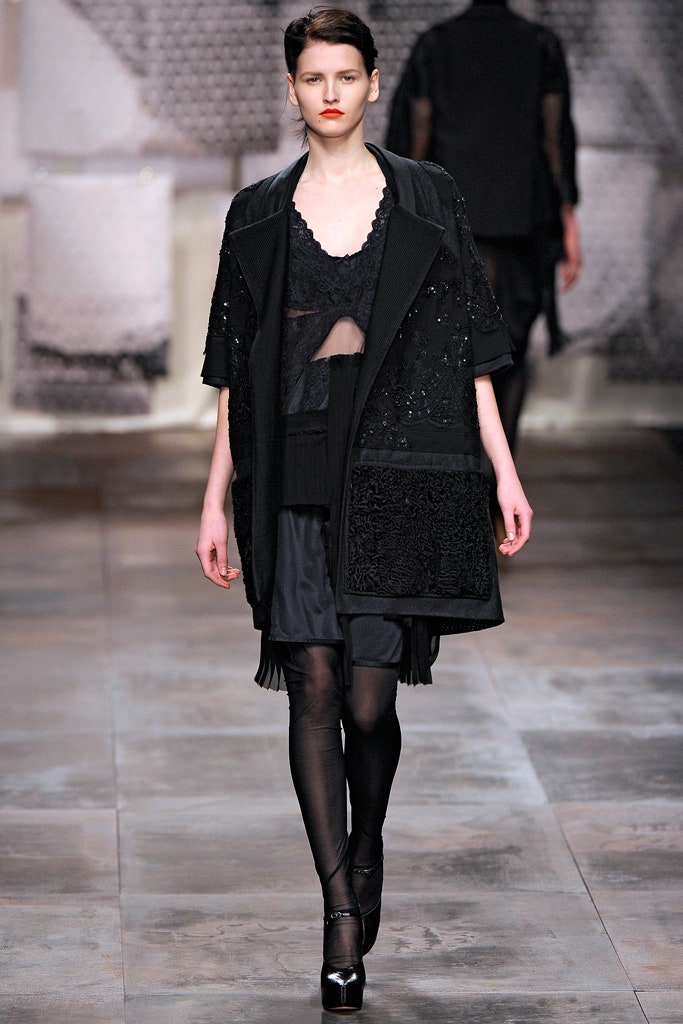 black embroidered coat with sheer top