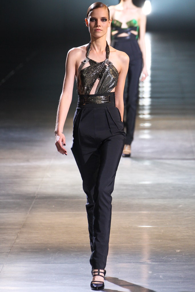 fitted black silk halterneck top and pants